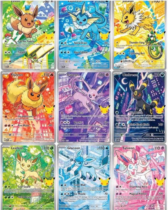 A collection of nine Pokémon TCG cards featuring Eevee and its evolutions—Jolteon, Vaporeon, Flareon, Espeon, Umbreon, Leafeon, Glaceon, and Sylveon—with HP values of 60 and 110, arranged in a 3x3 grid of vibrant, full-art designs. The image relates to the post's speculation by potentially showcasing a new or rare Pokémon card set, making it a noteworthy reveal for collectors if authentic.
