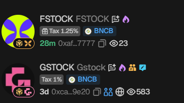 A Telegram channel listing showing FSTOCK (Tax 1.25%, BNCB) with 23 online users and GSTOCK (Tax 1%, BNCB) with 583 online users.