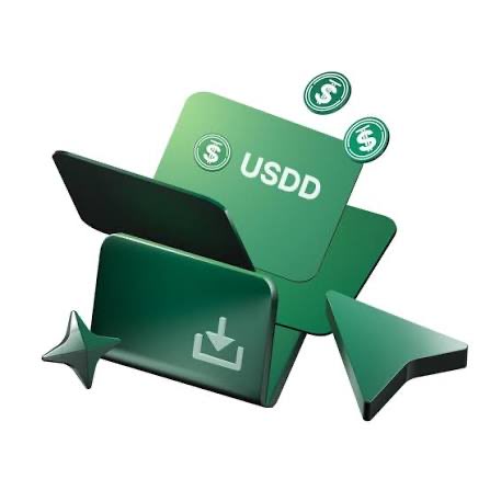 A 3D digital graphic showing a green folder or app icon labeled 'USDD' surrounded by green dollar coin symbols and download/send arrows.