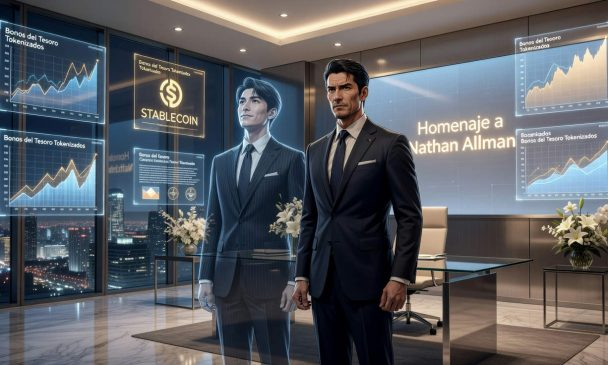 The image features a man dressed in a suit standing next to another man who appears to be his reflection. They are both wearing ties, which suggests that they might be business professionals or attending a formal event. The room has large windows overlooking a cityscape, giving an impression of a high-rise office building. There is also a potted plant and a vase in the scene, adding some greenery to space.

The post seems to be discussing Nathan Allman's death, as indicated by the caption "Muere Nathan Allman, fundador de Ondo Finance, e Ian De Bode asume como CEO Ondo Finance anunció la muerte inesperada de su fundador, Nathan Allman, sin revelar la causa". The post is written in a conversational style and includes some statistics about Nathan Allman's death.

The image does not provide any additional information or context to help understand the content of the post better.