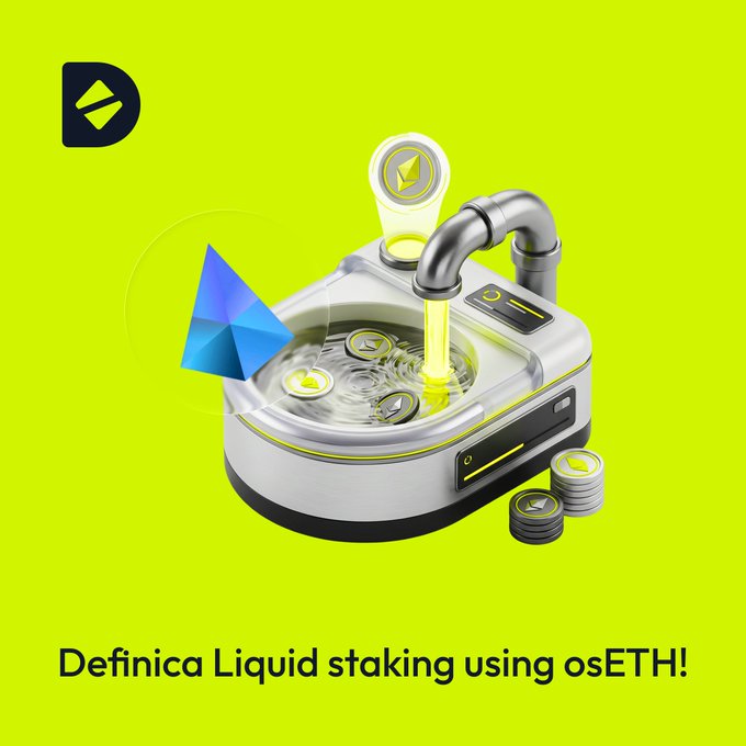 The image shows a 3D illustration of a metallic device pouring yellow liquid into a basin filled with ETH and other crypto tokens, alongside an ETH logo, on a bright green background with the Definica logo (top left) and text reading "Definica Liquid staking using osETH!"—visually representing the post's message about staking ETH to unlock utility and earn multi-layer rewards through Definica.