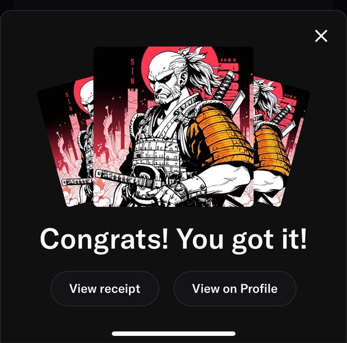 A mobile app screen showing a successful NFT receipt with 'Congrats! You got it!' for a card featuring a samurai/warrior illustration with the text 'SIN' and '666' in a red and black color scheme.