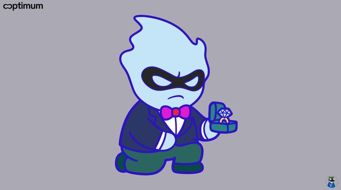 A cartoon illustration of a small, blue flame-headed character wearing a black mask, tuxedo, and pink bowtie, kneeling while holding an open box containing a diamond, branded 'optimum'.