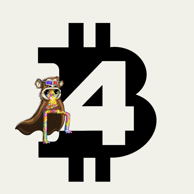 A cartoon monkey wearing 3D glasses and a colorful patterned outfit with a brown cape sits in front of a large black Bitcoin (₿) symbol, reinforcing the playful "gm" (good morning) greeting commonly used in crypto communities.