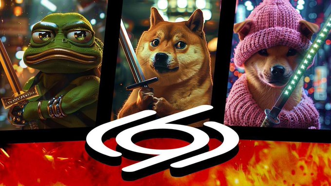 A meme-style image showing three panels: a green frog holding a sword, a Shiba Inu dog holding a katana, and another Shiba Inu in a pink beanie with a lightsaber, positioned above a black and white spiral symbol on a fiery red background.