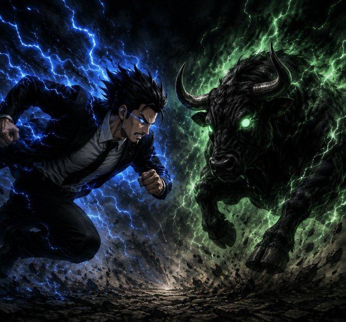 A dramatic digital illustration depicting a man in a suit wielding blue lightning clashing against a massive black bull emanating green lightning energy.