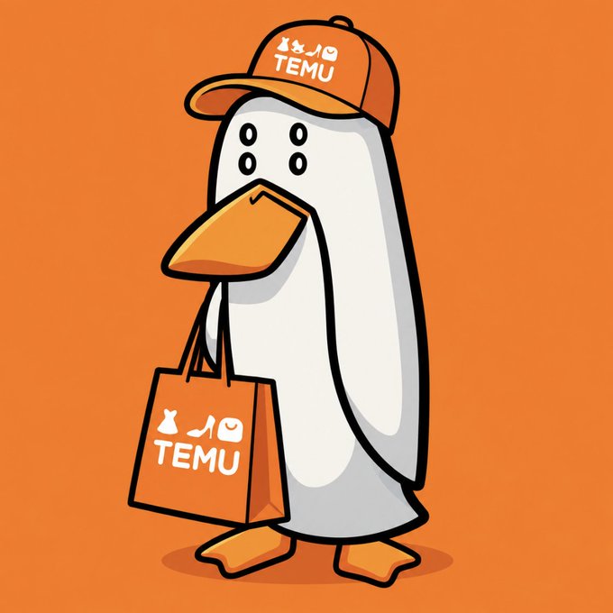 A cartoon illustration of a white penguin mascot wearing an orange 'TEMU' cap and holding a matching 'TEMU' shopping bag on an orange background.