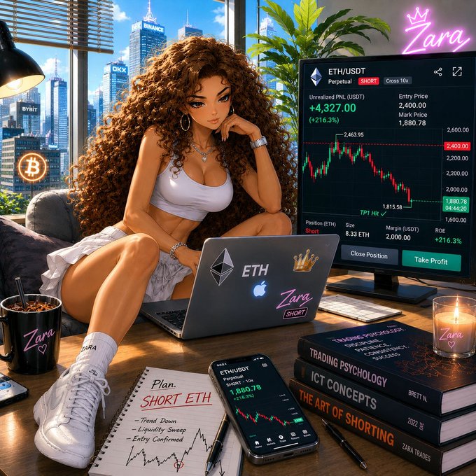 The image features a woman sitting at a desk with her laptop open in front of her. She has a candle burning next to her and several books scattered around the workspace, suggesting she might be working or studying. The caption "Tough day, huh? Meanwhile, myETH is treating me pretty well." implies that despite facing challenges, the woman's Etherium (ETH) currency is performing well in the market.