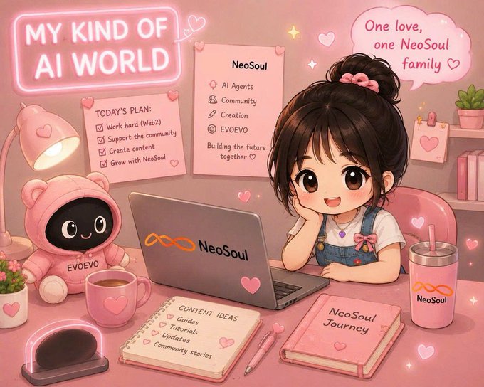 A pink-themed cartoon illustration of a girl at a desk with a NeoSoul laptop, accompanied by an EVOEVO mascot, with text reading 'MY KIND OF AI WORLD,' 'TODAY'S PLAN,' and 'One love, one NeoSoul family.'