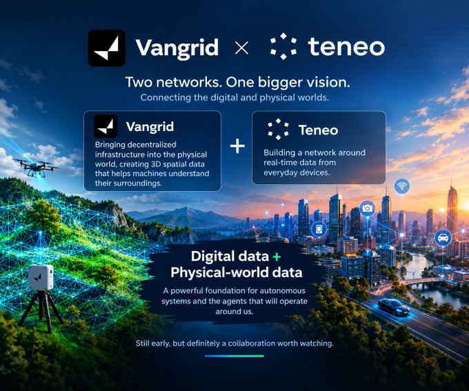 Promotional image announcing a collaboration between 'Vangrid' and 'teneo' with the tagline 'Two networks. One bigger vision. Connecting the digital and physical worlds.'