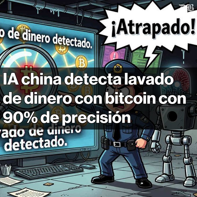 A Spanish-language illustration with text 'IA china detecta lavado de dinero con bitcoin con 90% de precisión' ('¡Atrapado!'), depicting a police officer with a robot catching money laundering.