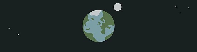 A minimalist illustration shows planet Earth with green continents and blue oceans, accompanied by a small white moon and scattered stars against a dark gray background.