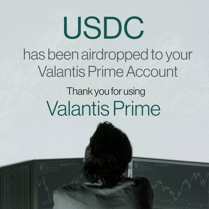 A promotional graphic showing the back of a person looking at trading charts on multiple monitors, with text reading 'USDC has been airdropped to your Valantis Prime Account. Thank you for using Valantis Prime'.
