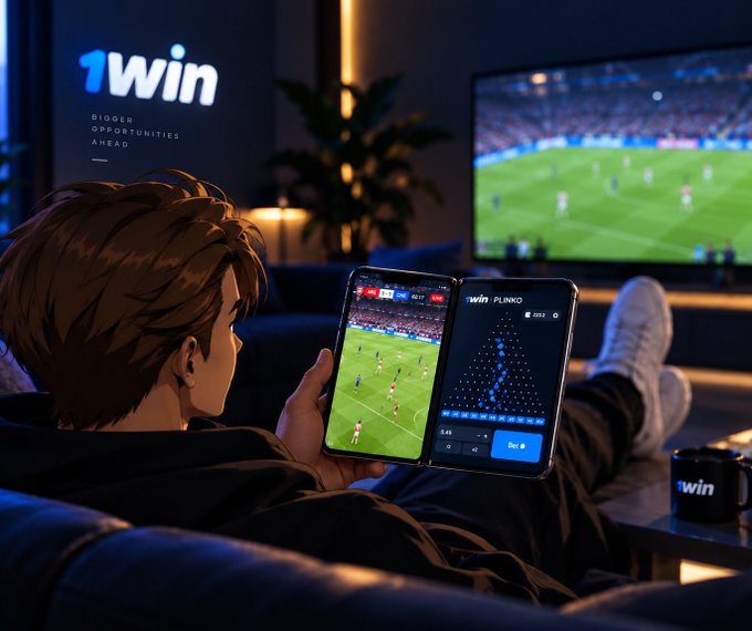 A young man relaxes on a couch while using a dual-screen smartphone to simultaneously watch a football match on one screen and play a Plinko game on the other, with the "1win" logo prominently displayed on the wall behind him and a branded "1win PLINKO" game visible alongside a TV showing a live soccer game.