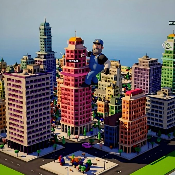 A low-poly 3D cityscape features a giant pixel-art figure in overalls climbing a pink skyscraper labeled "The Vault", with a Discord logo visible on the building. The "WBD" logo is in the top right corner.