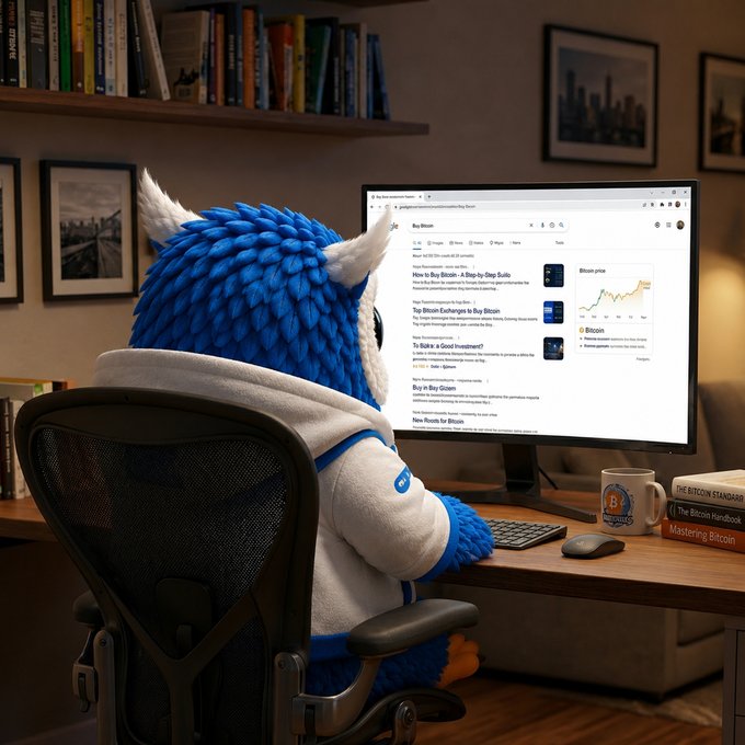 A blue, furry horned mascot named Biconomy, wearing a gray hoodie, sits at a desk researching Bitcoin on a computer screen displaying Google search results, with books titled "The Bitcoin Standard," "The Bitcoin Handbook," and "Mastering Bitcoin" stacked nearby. The scene captures the relatable Friday vibe of a crypto enthusiast still diving into Bitcoin research before the weekend.