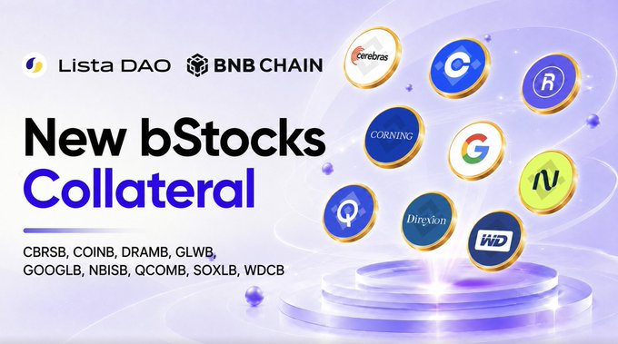 A Lista DAO and BNB Chain promotional banner for 'New bStocks Collateral' featuring stock tokens like CBRSB, COINB, DRAMB, GLWB, GOOGLB, NBISB, QCOMB, SOXLB, WDCB.