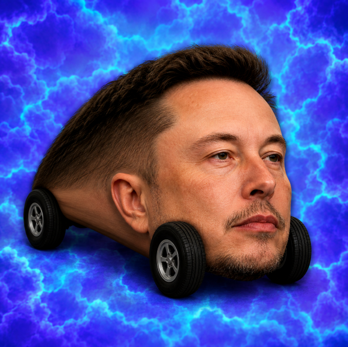 A humorous digital illustration depicting Elon Musk's head and shoulders merged with a car body on wheels, set against a blue electric/lightning background.