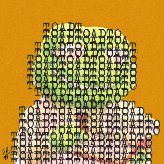 A silhouette profile filled with the repeated typewriter text "TOAD" against an orange background, with green and red watercolor accents peeking through. The image relates to the post by showcasing degenpoet's signature typewriter art style, with "TOAD" referencing the BONK Solana community, which often features toad-related memes.