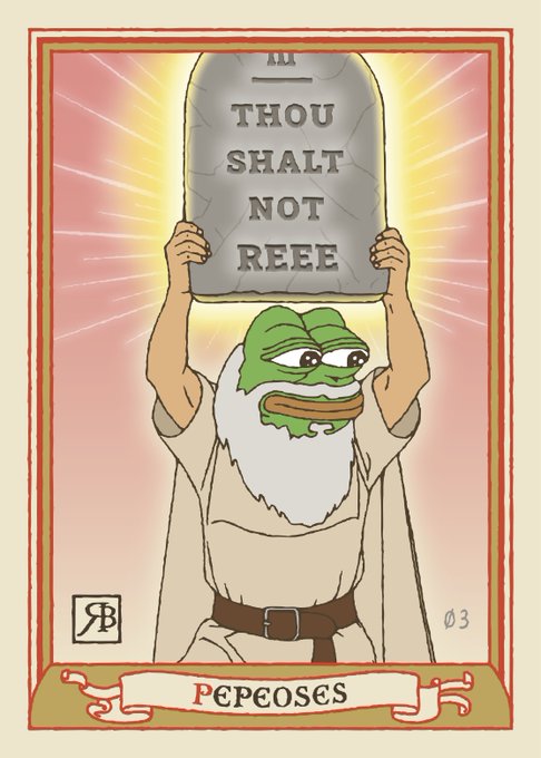 A Pepe-themed tarot card labeled 'III THOU SHALT NOT REEE' at the bottom shows 'Pepeoses,' depicting the green frog dressed as Moses holding stone tablets against a glowing background.