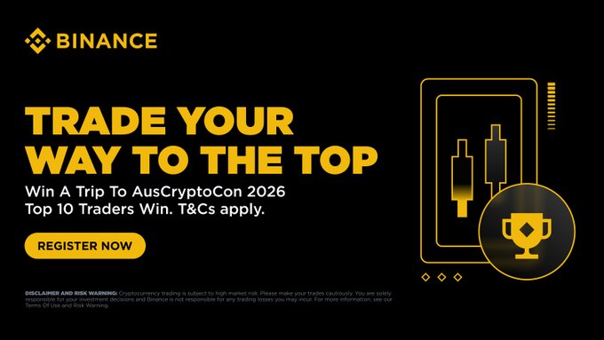A Binance cryptocurrency exchange promotional banner with the text 'TRADE YOUR WAY TO THE TOP - Win A Trip To AusCryptoCon 2026, Top 10 Traders Win. T&Cs apply' and a 'REGISTER NOW' button.