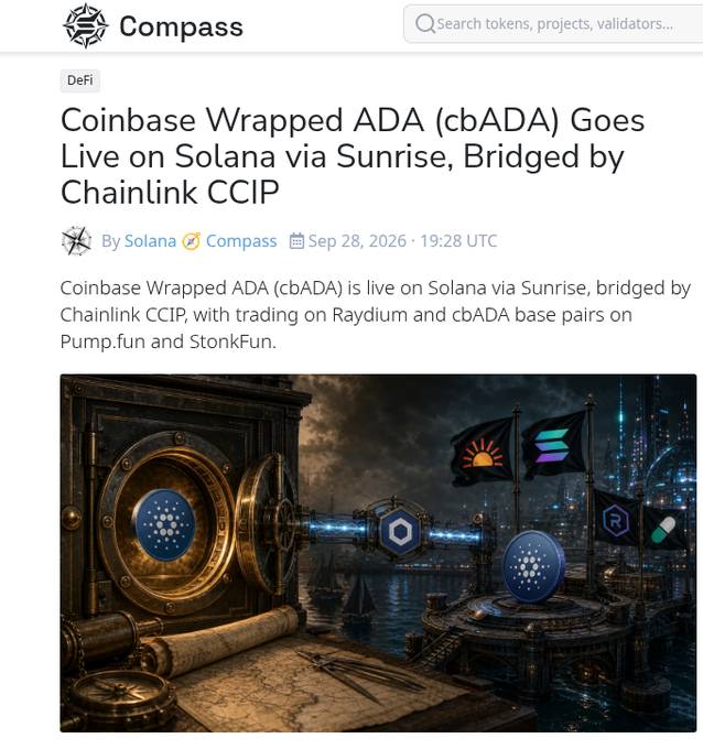 A Compass article titled "Coinbase Wrapped ADA (cbADA) Goes Live on Solana via Sunrise, Bridged by Chainlink CCIP" announces the launch of cbADA on Solana with trading on Raydium and cbADA base pairs on Pump.fun and StonkFun, accompanied by an AI-generated image showing a vault with the Cardano (ADA) logo and flags representing Solana and Raydium against a futuristic city backdrop, visually reinforcing the concept of bridging Cardano's ADA into the Solana ecosystem for meme token launches.