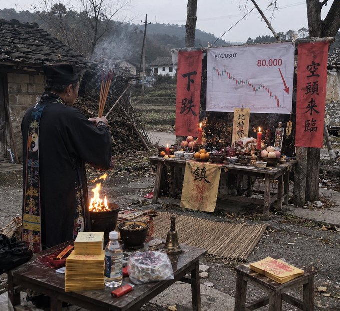 A Taoist priest in traditional robes performs a ritual offering at an outdoor altar, holding incense over a burning pot. The altar features fruits, candles, and a chart titled 'BTC/USDT 80,000' with a downward trend, flanked by red banners with Chinese characters including '空頭來臨' (short sellers arrive) and '下跌' (fall).