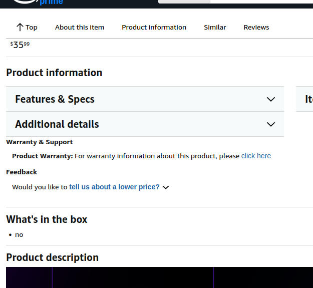 Amazon product page screenshot showing a price of $35.99 with sections for Product Information, Features & Specs, Additional details, Warranty & Support, and What's in the box.