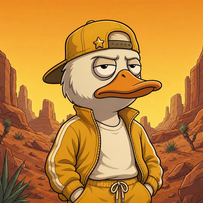 The image shows a cartoon duck with a bored, deadpan expression, wearing a yellow backward cap with a star, a yellow tracksuit jacket with white stripes, and sweatpants, set against a desert backdrop with rock formations and a yellow-orange sky. The duck's unimpressed, world-weary vibe paired with the gold star cap mirrors the "$GUGO" post's tongue-in-cheek "Believe in something" message—meme culture meets crypto hype.