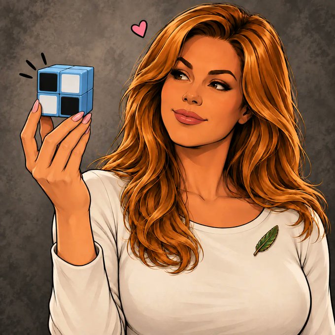 An illustrated comic-style image of a woman with long wavy red hair holding a blue 2x2 Rubik's cube, with a pink heart floating above it and a small leaf emblem on her white shirt.