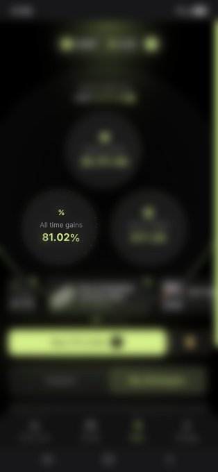 A blurry dark mobile app interface displaying circular stat widgets, with one showing "81.02%" labeled "All time gains."