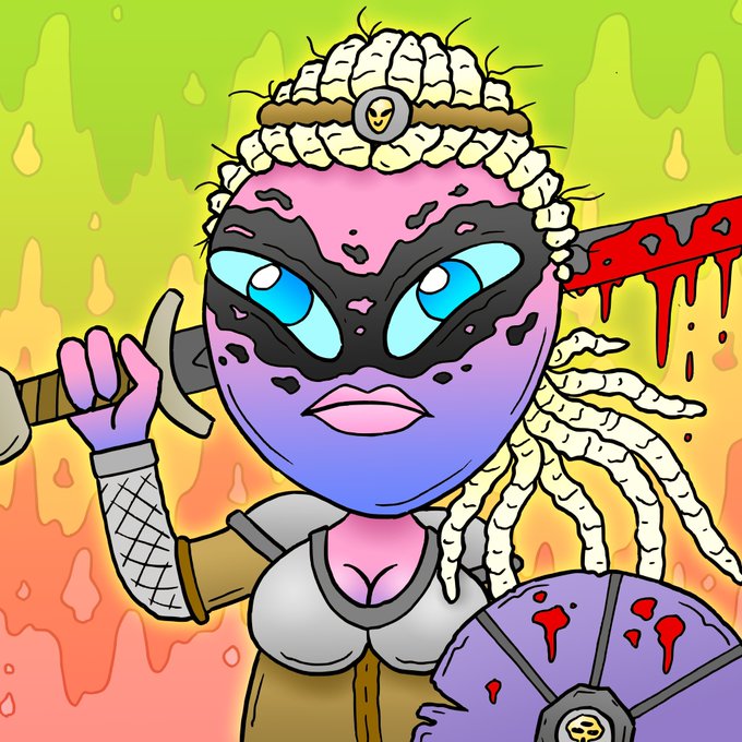 A cartoon illustration of a fierce warrior woman with purple skin, braided blonde hair, and black face paint, holding a bloodied sword and shield against a fiery green and orange background.
