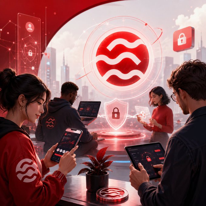 Four developers wearing red jackets adorned with the SEI logo collaborate around a glowing red circular emblem and padlock icons, symbolizing secure blockchain technology. The image visually reinforces the post's message of dedicated builders advancing SEI's vision through technology that ultimately speaks for itself.