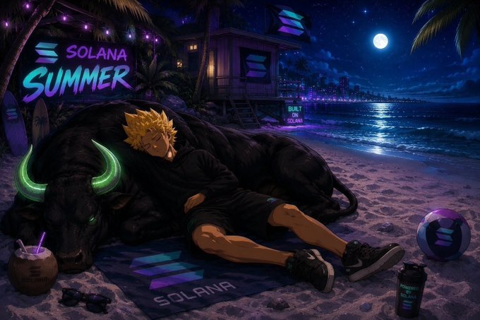 A Solana 'Summer' anime-style illustration depicting a spiky-haired character sleeping on a black bull with glowing green horns on a beach at night, with a coconut drink, Solana-branded beach ball, and city skyline in the background.