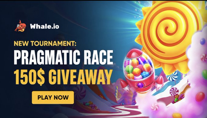 The image is a vibrant promotional banner for Whale.io announcing the "Pragmatic Race" tournament with a "150$ GIVEAWAY," featuring candy-themed visuals including a gumball machine and swirl lollipop, and includes a yellow "PLAY NOW" call-to-action button. The colorful graphics align with the post's mention of sweet-themed slots like Sweet Bonanza and candy references in the giveaway rules.