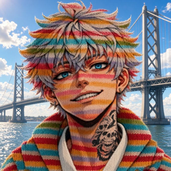 An anime-style portrait features a smiling character with messy, multi-colored striped hair and matching striped face paint, wearing a colorful knit sweater with a visible skull tattoo on the neck, set against a bridge over water.