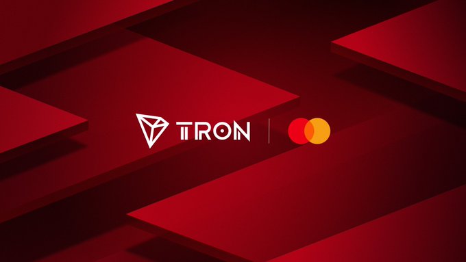 A promotional graphic features the TRON logo alongside the Mastercard logo on a red geometric background.