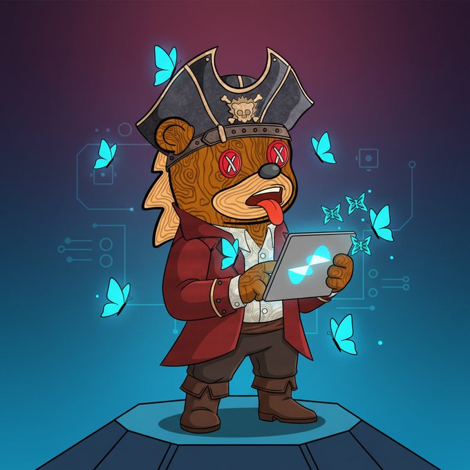 A cartoon pirate bear character with X-shaped eyes, a tongue sticking out, and a pirate hat holds a tablet displaying a glowing blue infinity symbol, surrounded by blue butterflies against a digital circuit background.