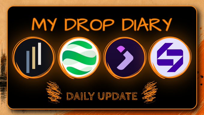 A graphic titled 'MY DROP DIARY - DAILY UPDATE' features four circular cryptocurrency project logos displayed on an orange and black background.