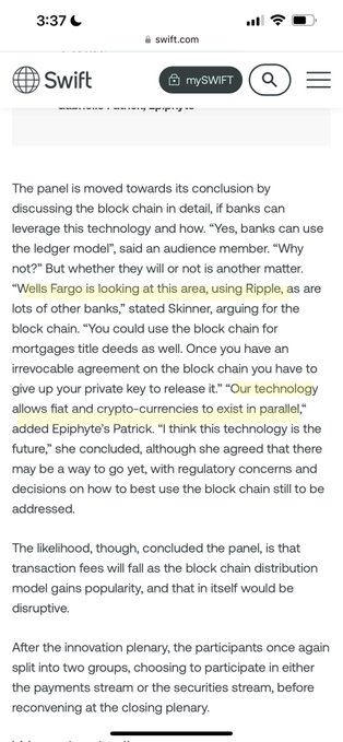 The image shows a mobile screenshot from swift.com discussing a panel's conclusions about blockchain technology in banking, mentioning Wells Fargo, Ripple, and various panelists including Skinner and Epiphyte's Patrick, discussing flat and crypto-currencies. The text relates to the accompanying post by documenting Wells Fargo's exploration of using Ripple technology on the blockchain, as quoted in the article where Skinner states "Wells Fargo is looking at this area, using Ripple."