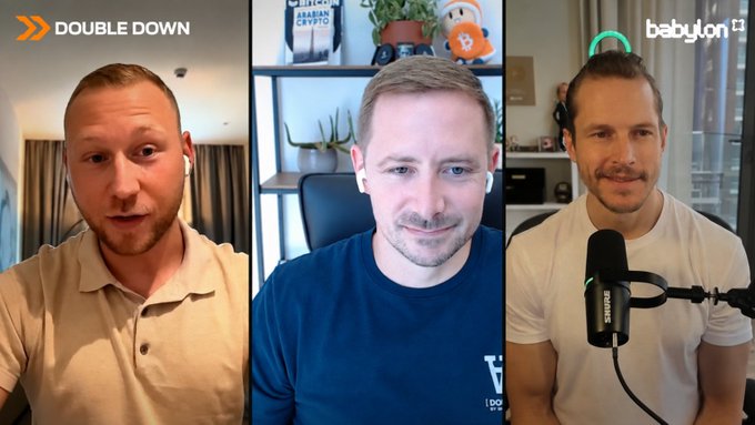 A video podcast screenshot showing three men, with 'DOUBLE DOWN' logo on the left and 'babylon' logo on the right.