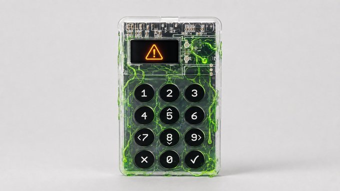 A transparent Bitcoin hardware wallet displays a warning triangle on its screen, with visible keypad numbers 1-9, 0, and symbols (×, ✓, <7, 8>), wrapped in glowing green slime-like graphics. The image illustrates the post's point about self-custody challenges, showing what appears to be a COLDCARD wallet malfunctioning with an error message, symbolizing the technical risks and personal responsibility that come with managing one's own Bitcoin.
