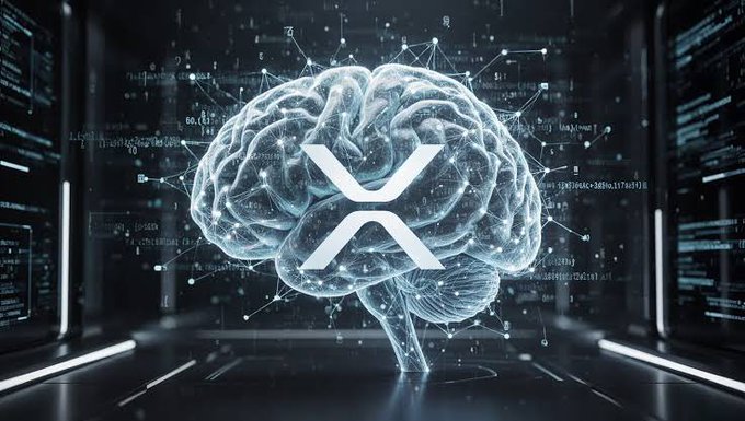 The image features a computer-generated rendering of a brain, with the letters "X" and "R" prominently displayed above it. The background of the image is black, which contrasts with the white text and the brain. Below the brain, there are lines of code written in white text that appear to be related to cryptocurrency or blockchain technology. The caption at the bottom of the image reads: "Brad Garlinghouse says #XRP is future ready."