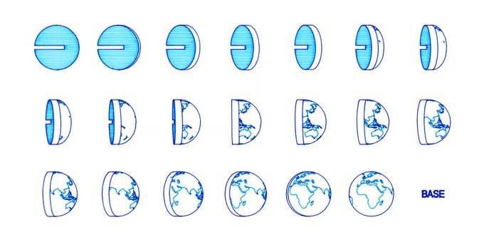 A sprite sheet displays rotating globe icons in various orientations with the label 'BASE' in the corner.