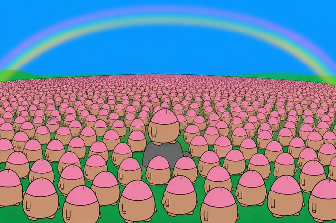 A vast field of identical pink-headed cartoon characters stretches to the horizon under a rainbow, with one solitary figure in a gray shirt standing out among them—visually capturing the "531k people on the RobinHood chain holding onto a singular dih" by illustrating the overwhelming majority united behind a single asset.