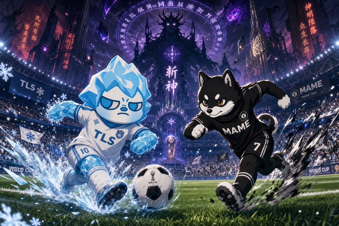 An anime-style illustration depicting a soccer match between a blue ice-themed mascot labeled 'TLS' and a black cat mascot labeled 'MAME' with a World Cup trophy in the background.