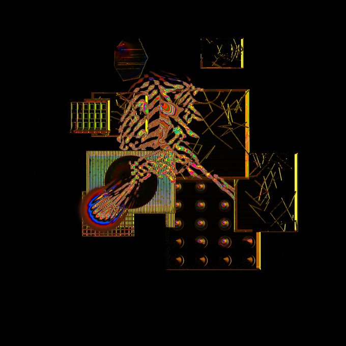A black background overlaid with glitchy, iridescent yellow, red, and blue line-art patterns resembling abstract animals or organic shapes within grid-like structures.