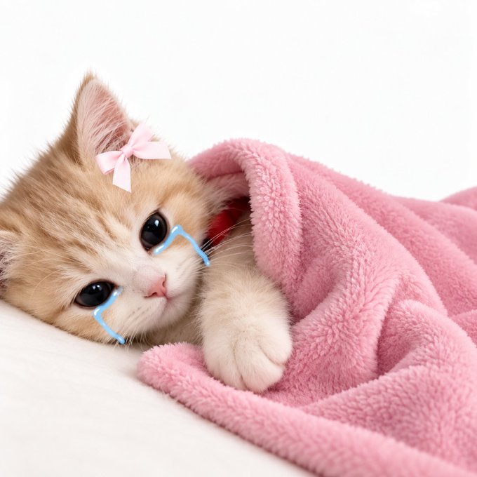 An adorable cream-colored kitten with a pink bow on its head, peeking out from a fluffy pink blanket with blue drawn-on tears near its eyes.