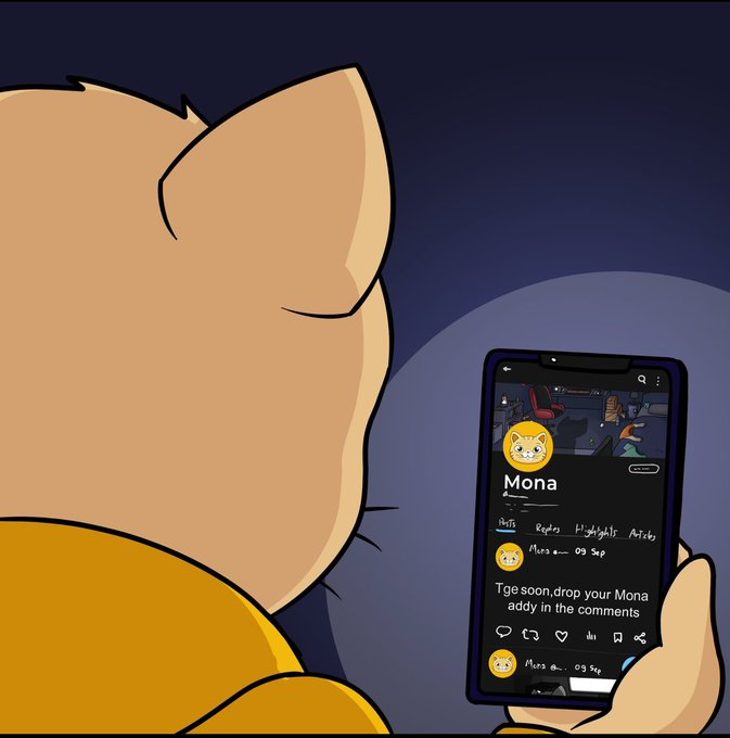 In this image, a cartoon cat is holding up its phone screen displaying a social media app called "MONA". The cat appears to be engaged with the content of the app, possibly liking or sharing something. The caption above the image reads, "The snapshot is approaching. Right now, thousands of wallets are competing for their place in the MONA Genesis Airdrop. Some are increasing their allocation. Some are securing verification. Some are doing nothing." This text suggests that there might be a Mona Genesis Airdrop event happening soon and people's attention is being drawn to it.