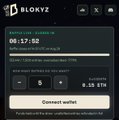 Blokyz app interface displaying a raffle entry ticket (06:17:52) with a wallet address, 5 tickets selected, and a prize pool of 0.15 ETH, with a 'Connect wallet' option.